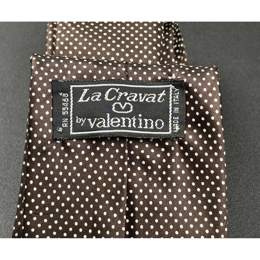 Valentino Necktie  Brown White Polka Dot Silk La Cravat Made in Italy